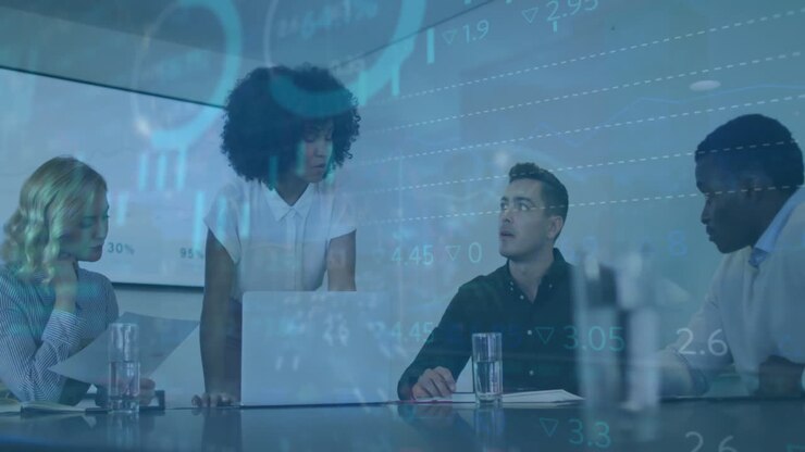 Animation of financial data processing over diverse business people in office