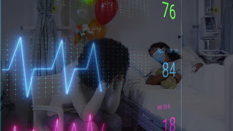 animación de monitor de ritmo cardíaco sobre madre afroamericana estresada mientras su hija está en la cama del hospital