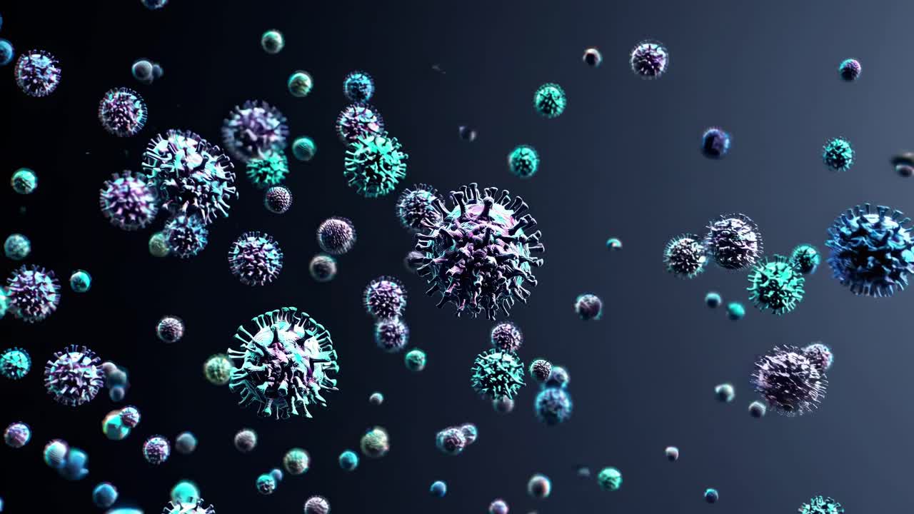 Microscopic visualization of viruses and pathogens floating in a dark environment, creating a visually striking representation of infection and disease