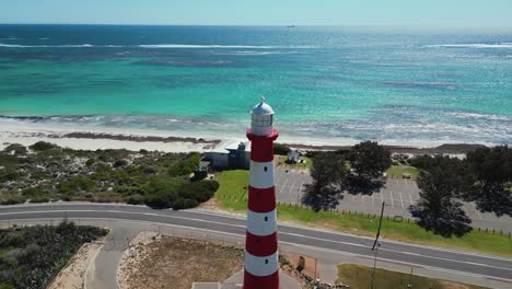 Picturesque-red-and-white-Point-Moore-Lighthouse-in-Geraldton,-Perth