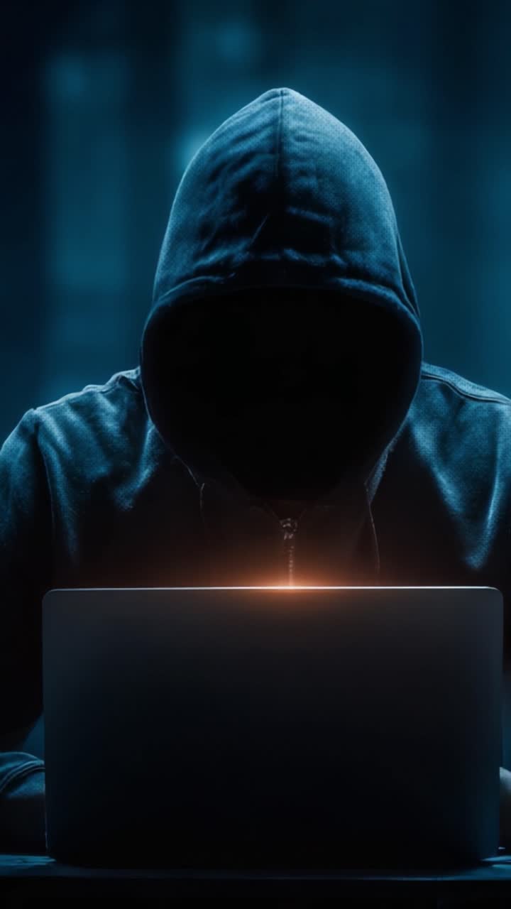 Mysterious Figure in a Hoodie Concentrating on Laptop, Bathed in an Eerie Glow, Representing Themes of Cybersecurity, Anonymity, and Digital Intrigue