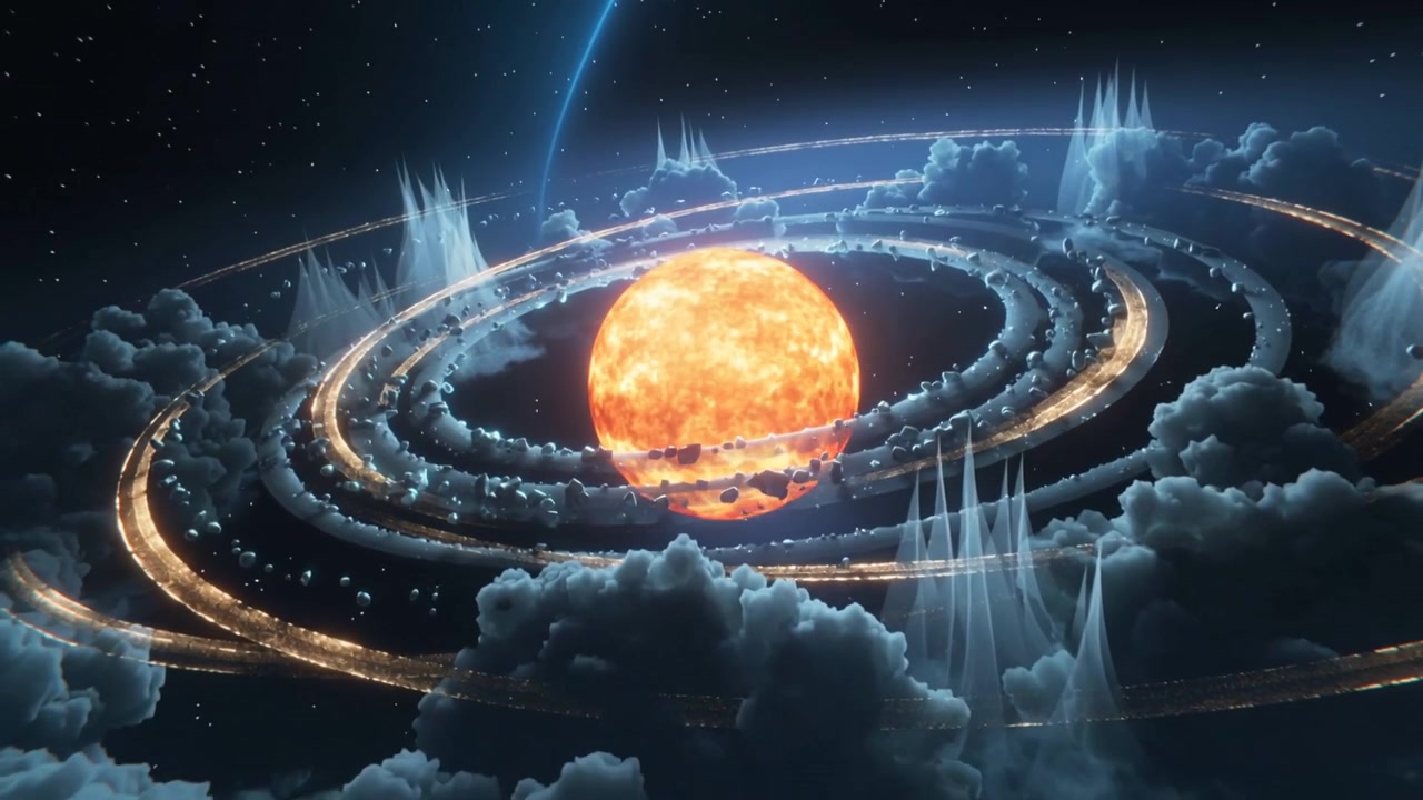 Pulling camera in space revealing clouds and spires for drama, rings and beads orbiting orange star