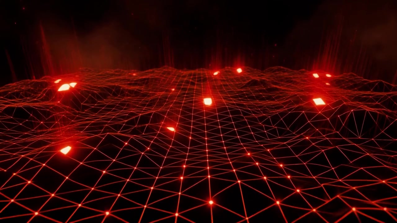 Abstract Digital Landscape with Glowing Red Wireframe Mesh