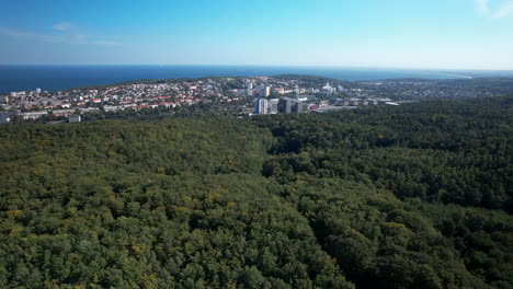 Aerial---sweeping-panoramic-view-of-Gdansk-Bay-near-Gdynia-Redlowo-district,-Gdynia-Orlowo---forest-hill-near-residential-buildings-in-the-city-center---natural-environment-in-the-city-center