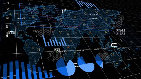 animación del procesamiento de datos estadísticos a través de la red de cuadrícula contra un fondo negro