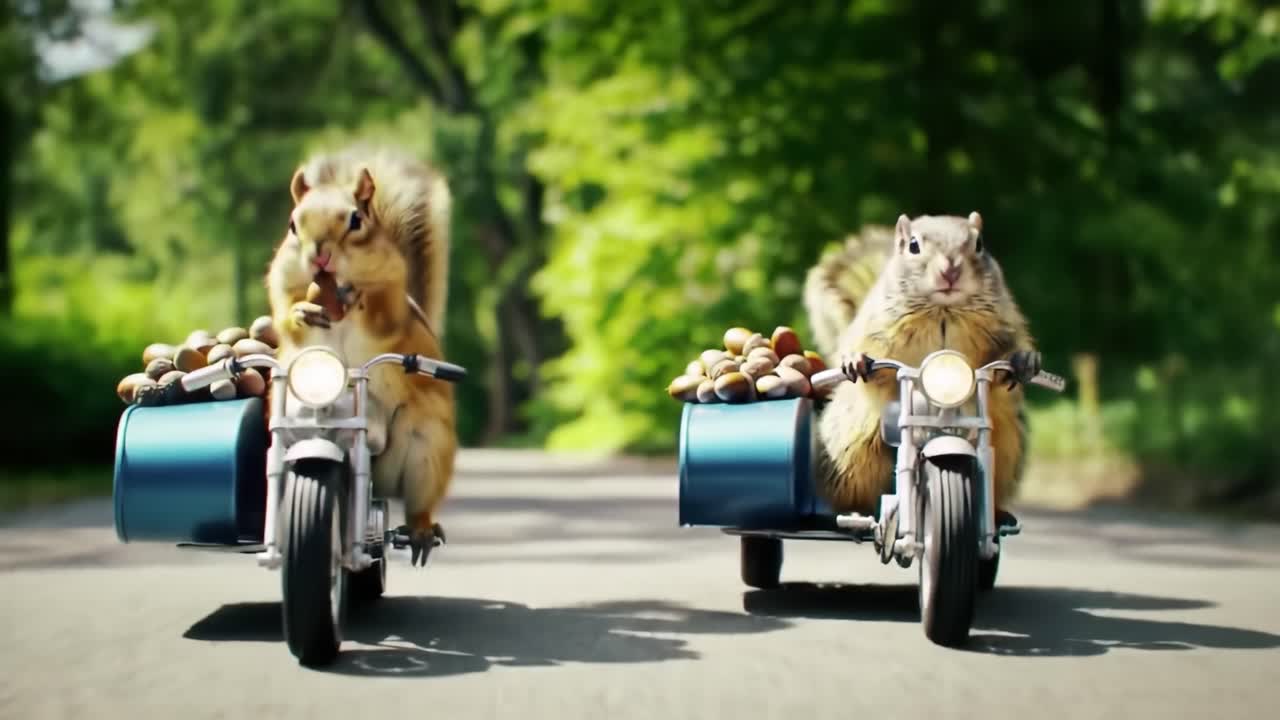 Adventurous Squirrels on Motorcycles: Two Playful Rodents Riding Together with Acorns in Their Sidecars Amidst a Lush Green Landscape