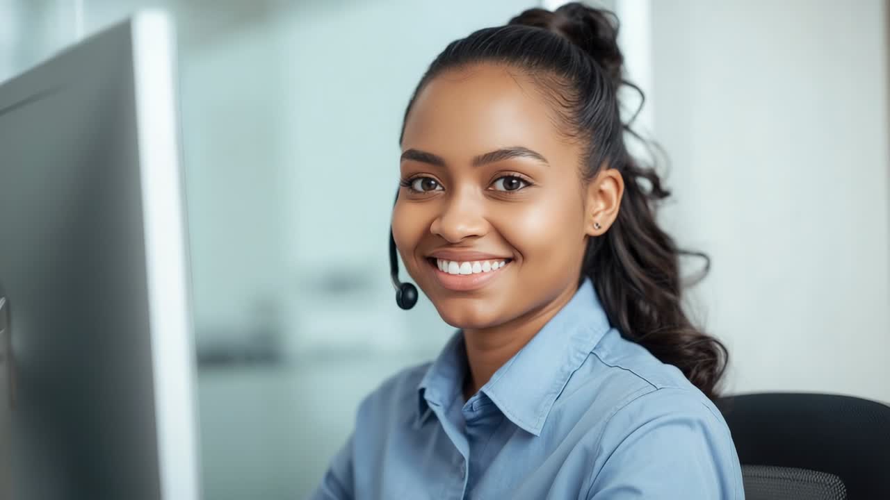 Smiling customer service agent wearing light blue shirt responding to new call at office, monitor