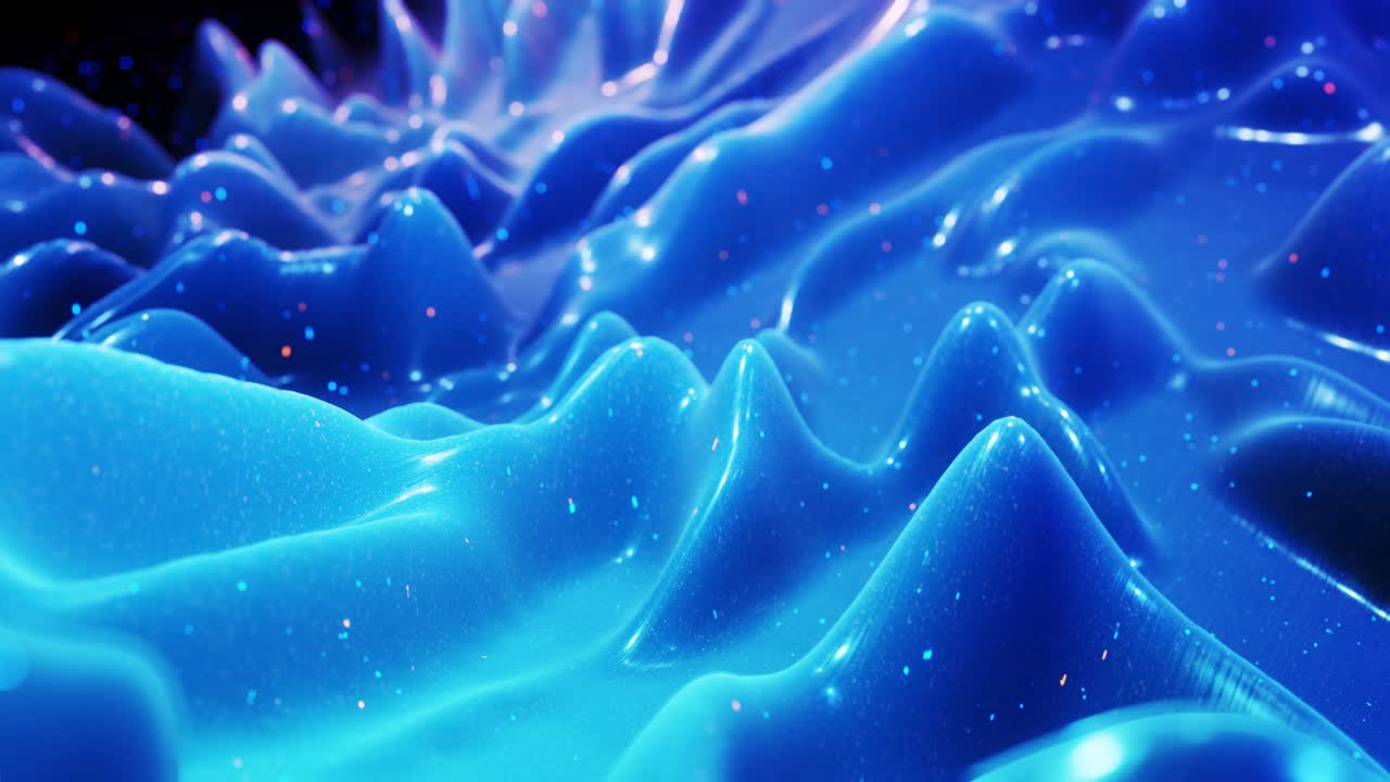 Stylish abstract blue surface as fantastical festive bg. Looped background, waves move on glossy surface like landscape made of liquid blue wax with sparkles. Beautiful soft bg with smooth animatin 4k