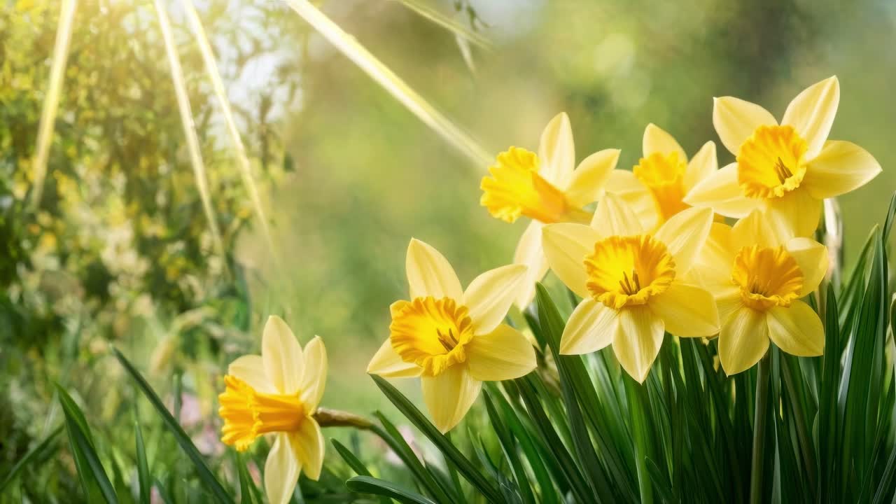 Close-up video angle of vibrant yellow daffodils in sunlight, capturing a serene and fresh