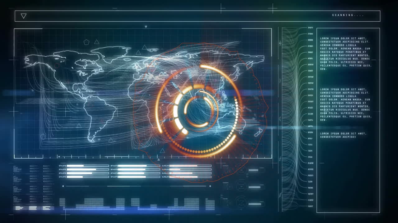 Animation of futuristic digital interface with world map and data in school