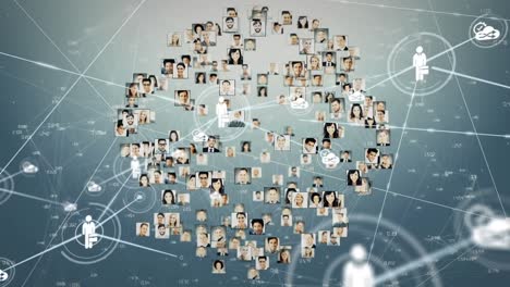 사용자 사진으로 만들어진 지구촌과 함께 파란색 배경에 아이콘으로 연결된 네트워크의 애니메이션