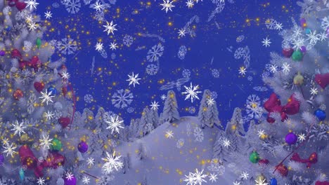 Animation-of-christmas-trees,-stars-and-snow-falling-over-winter-scenery
