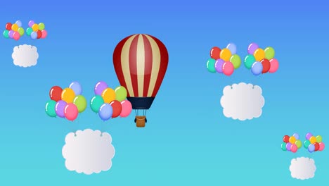 animation of hot air balloon colourful balloons with clouds and copy space flying on blue background