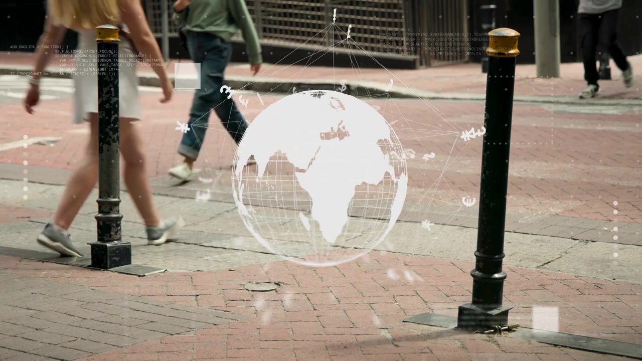 AR globe appearing on brick sidewalk, starting rotating tech UI showing data, people passing behind