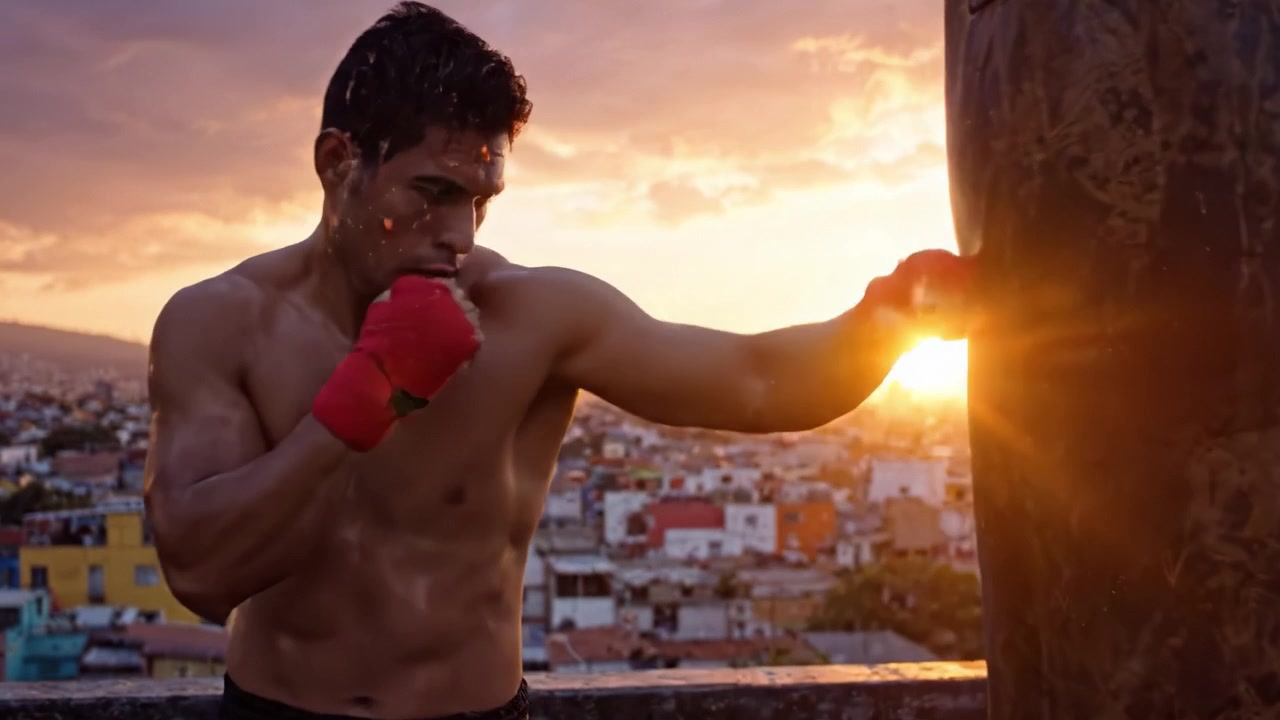Un boxeador dedicado entrenando al atardecer, perfeccionando su técnica y concentración mientras está rodeado por una impresionante vista del horizonte urbano