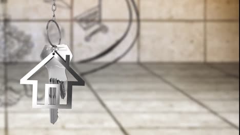 animación de casa de plata y llave sobre habitación vacía