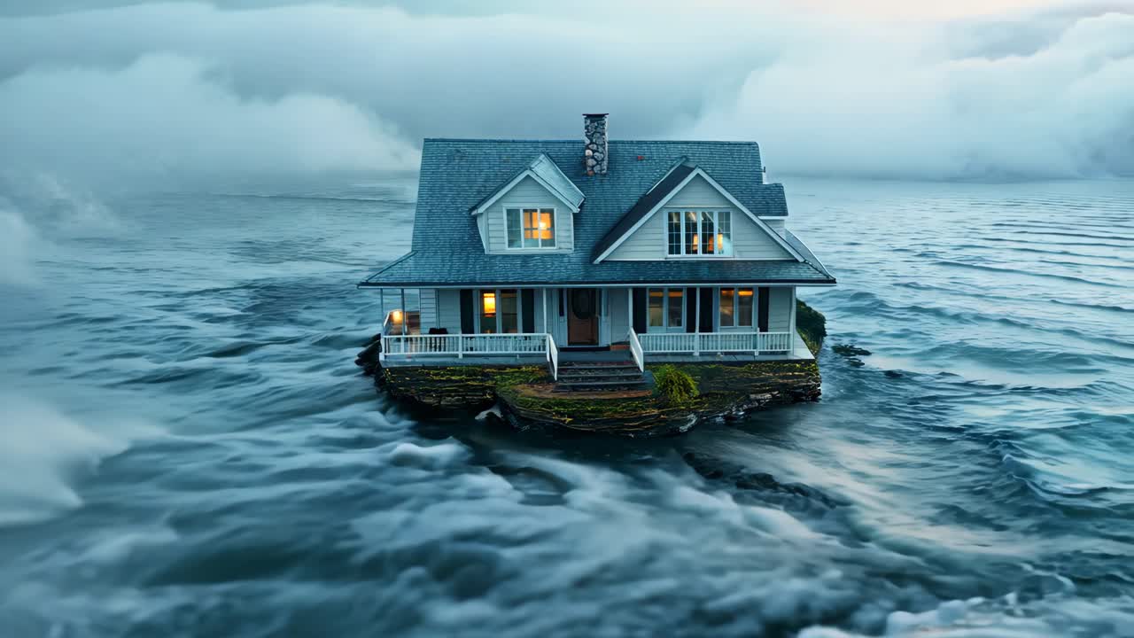 A house is floating on top of a body of water. The house is small and he is in a state of disrepair. The water is choppy and the sky is cloudy. Scene is one of chaos and destruction