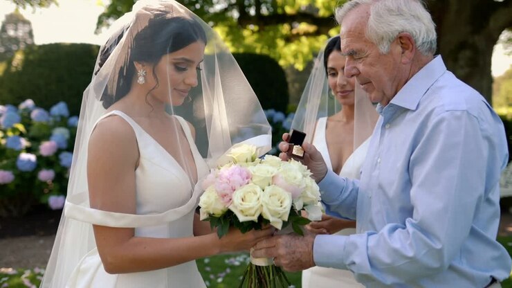 Approaching from right, senior man taking bouquet and opening black box presenting ring in garden