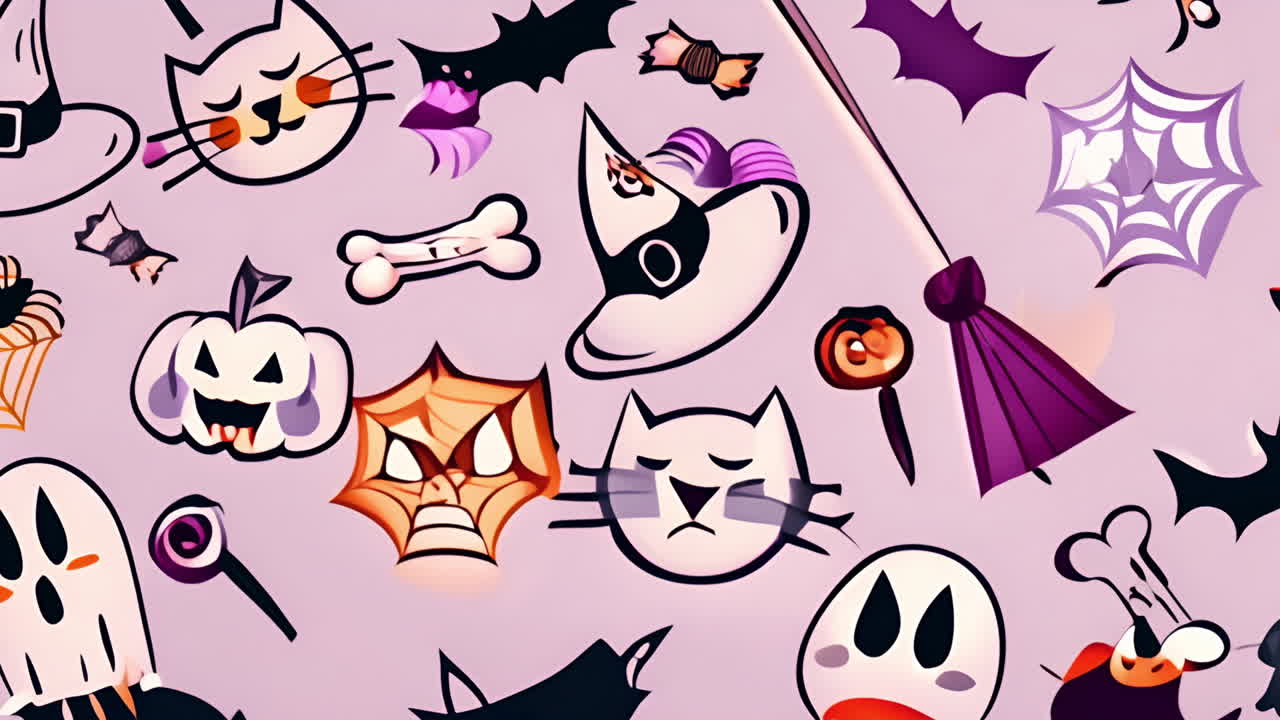 Animacja ikon o tematyce Halloween przedstawiająca duchy, nietoperze, dynie i kapelusze czarownic