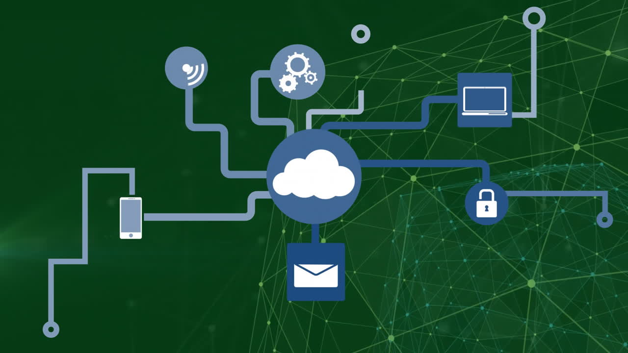 Cloud computing network animation over green digital connections background