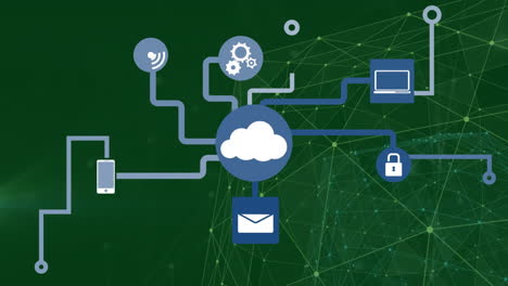 cloud computing network animation over green digital connections background