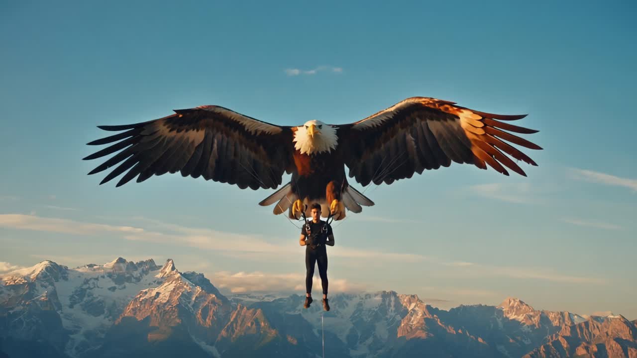 Man skydiving with an eagle over mountains