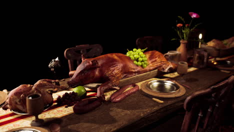 a lavish feast featuring various foods and drinks on a rustic wooden table