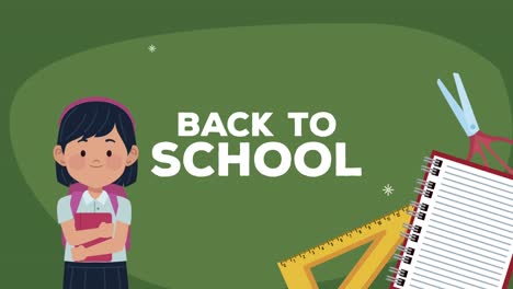 back to school lettering with schoolgirl and supplies