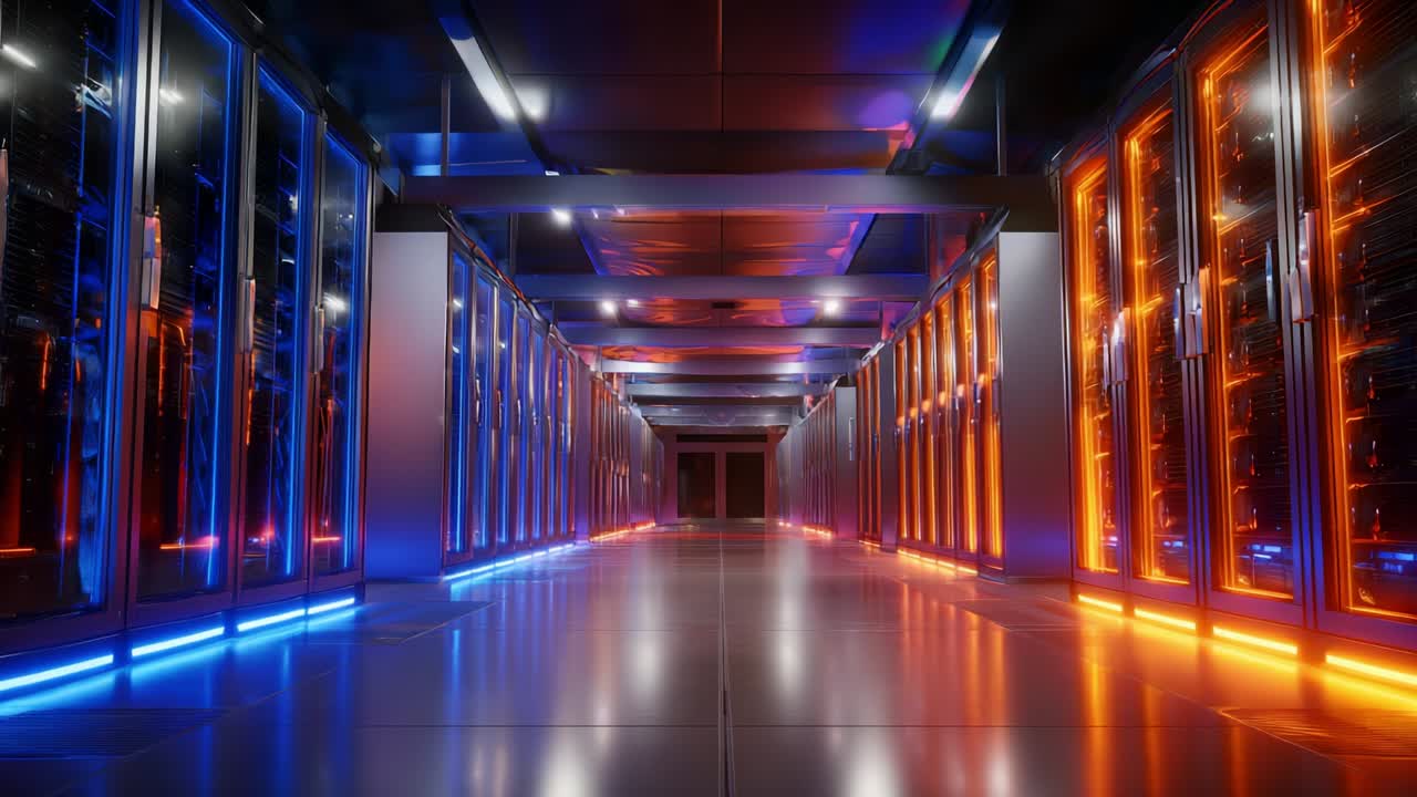 A Stunning View of a Modern Data Center Corridor Highlighted with Vibrant Blue and Orange Lights, Showcasing Advanced Server Racks and High-Tech Infrastructure for Computing and Storage Solutions