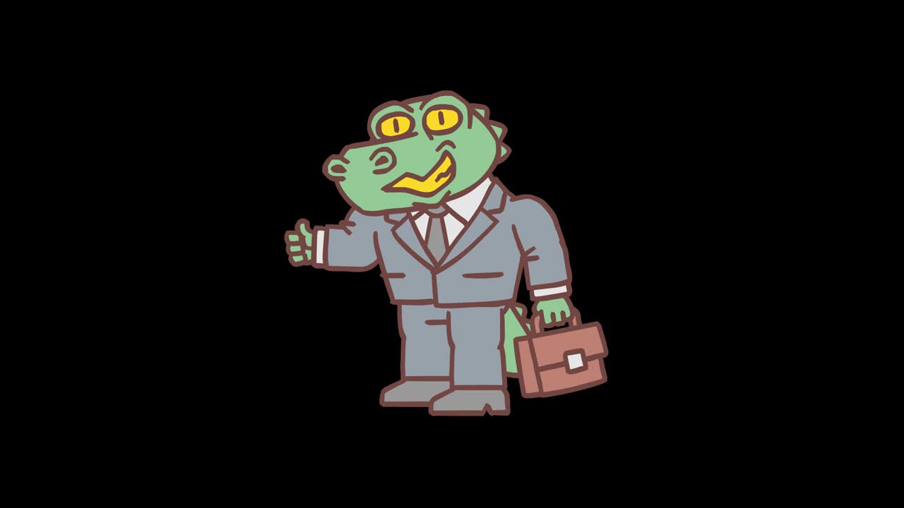 브리프케이스를 들고 엄지손가락을 올리는 악어 캐릭터. 프레임별 프레임 애니메이션. 알파 채널