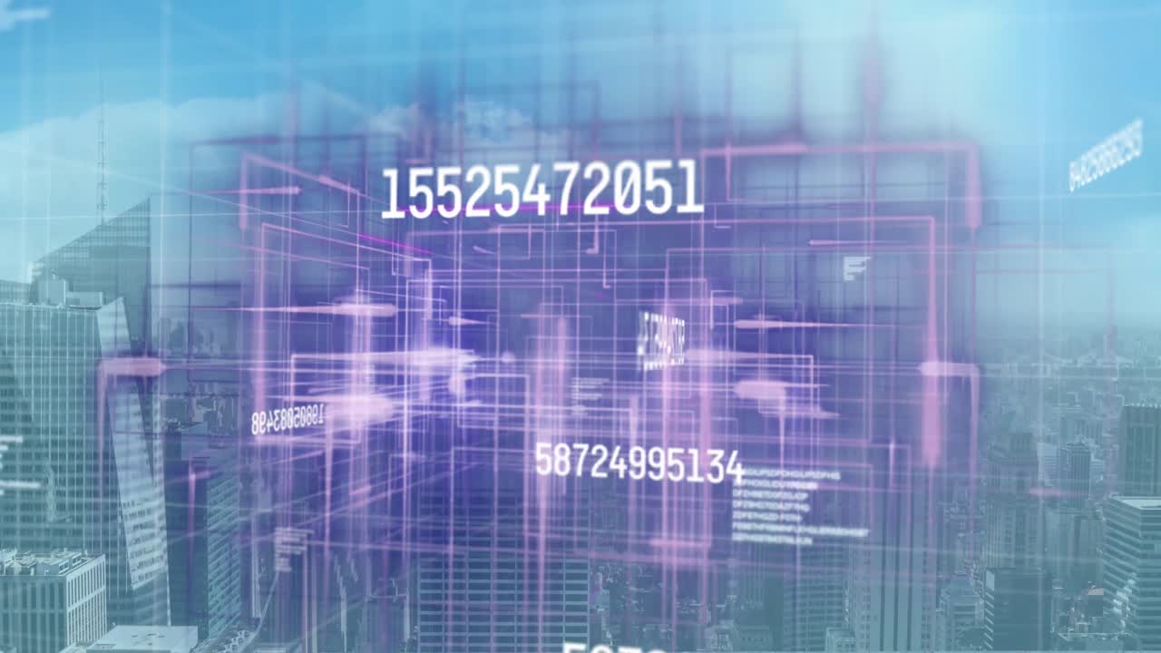 animación de números cambiantes y procesamiento de datos sobre el paisaje urbano