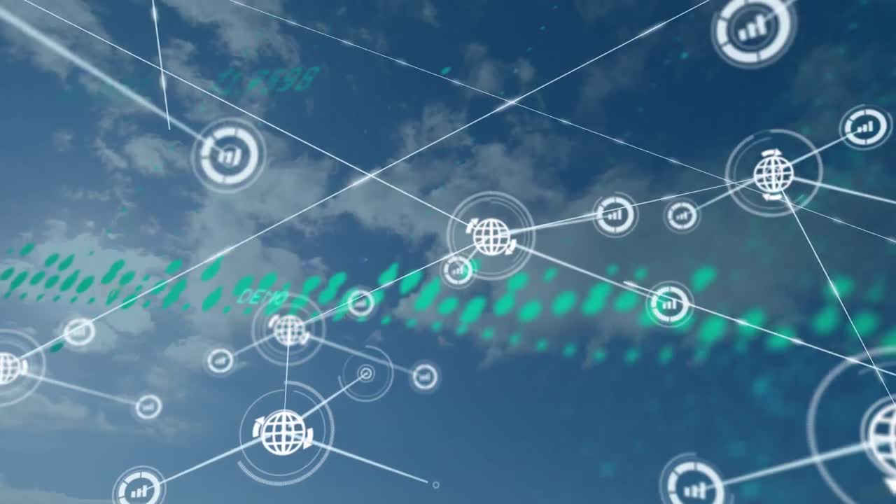 animación de iconos de computadora que se interconectan con líneas contra el cielo azul