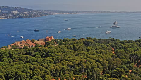 cannes france aerial v25 panoramic pan shot around historic fort royal on sainte marguerite overlooking mediterranean sea - july 2021