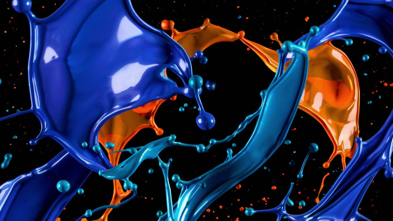 In a creative display, vibrant blue and orange paint collide and splash against a dark background. The colors mix and form dynamic shapes, highlighting the fluidity of the medium. Each drop and splash captures movement and energy, showcasing the beauty of paint in motion. This artistic expression em