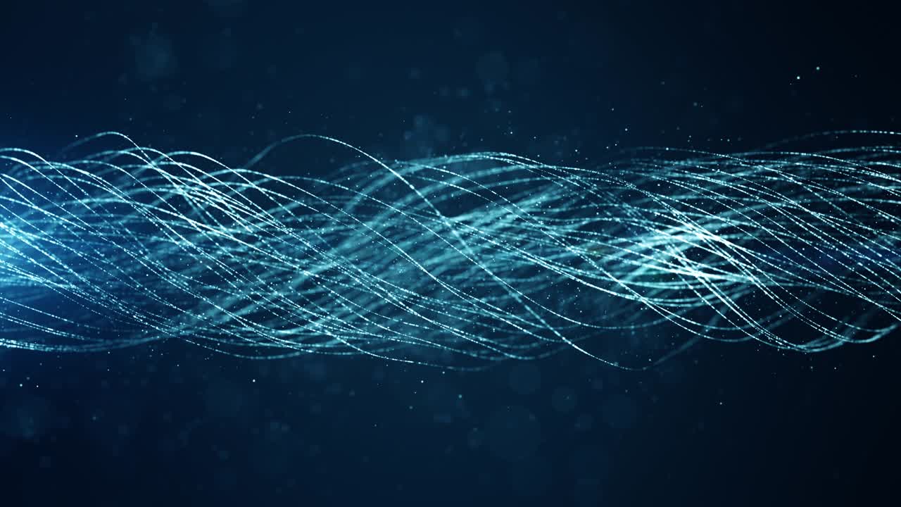 Abstract blue color digital particles line wave with bokeh and light background