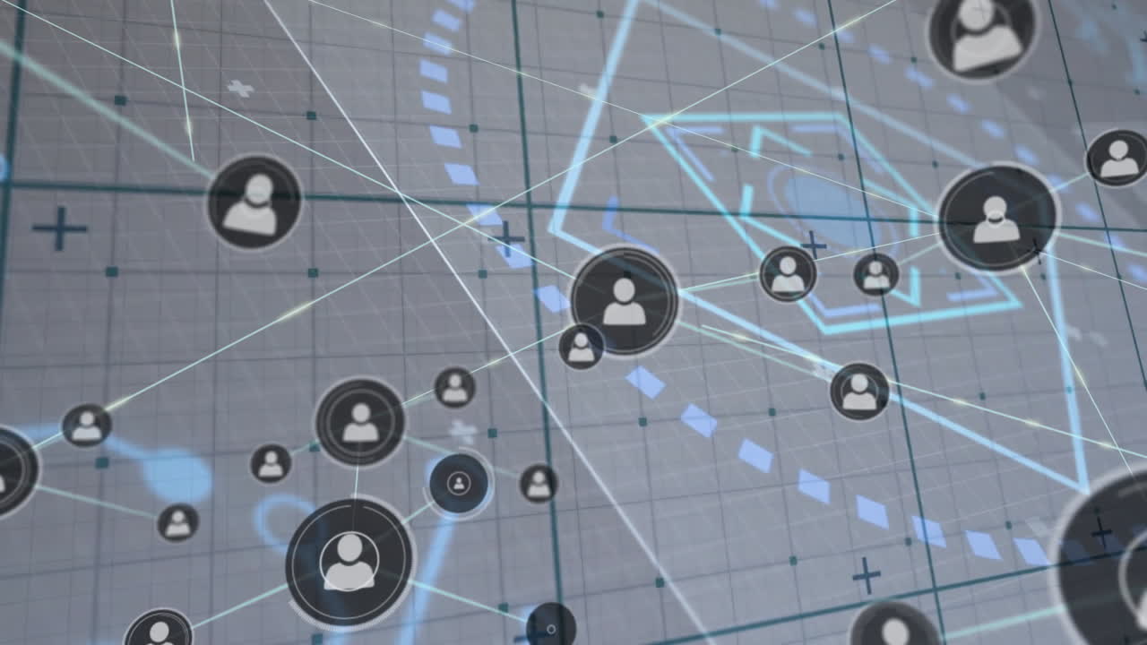 Animation of connected user icons over digital grid with geometric patterns