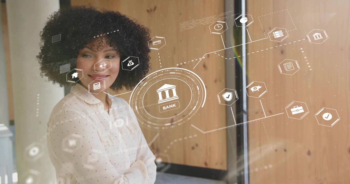 Businesswoman gazing glass while circle morphing into bank icon and network expanding for insight