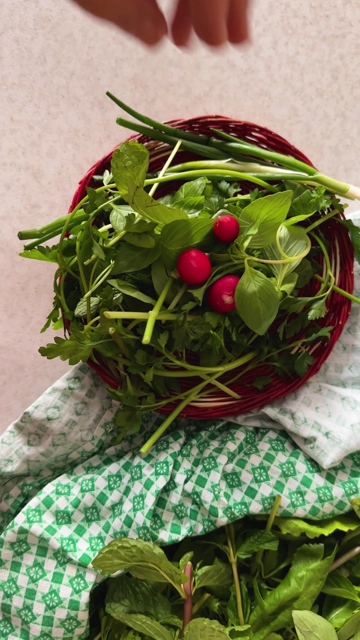 Round circle woven branch red radish vegetable serve edible herb green breakfast basil Persian cuisine sabzi khordan traditional side dish platter mint tarragon bread cheese healthy Middle East Iran