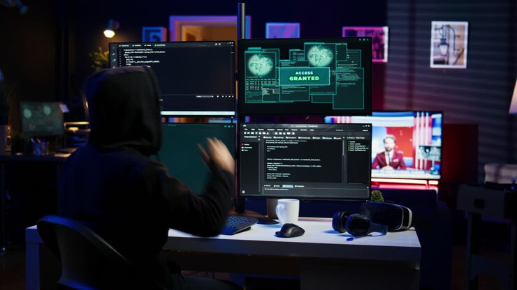 Happy man writing code on PC, celebrating after managing to get past security