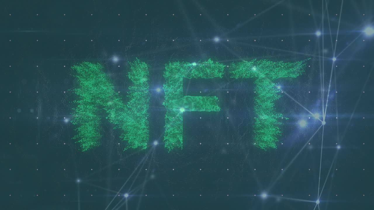 Animation af NFT-tekst over et netværk af forbindelser på en sort baggrund