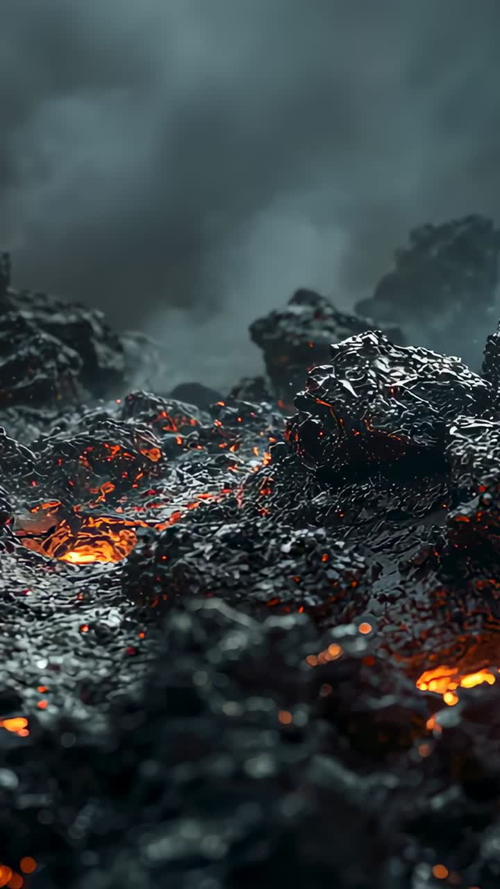 Vertical video: Tilting camera showing lava exposing bright glows and steam at volcano for closeup