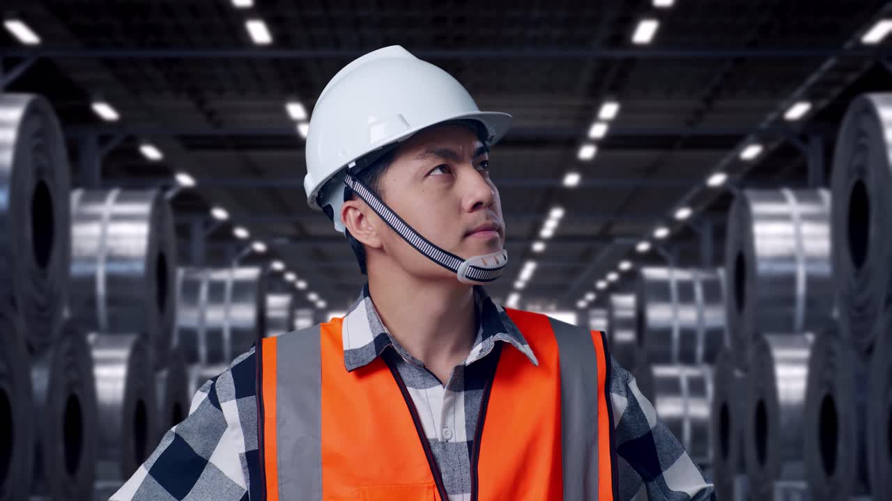 Primer plano de ingeniero asiático con casco de seguridad mirando a su alrededor mientras está de pie con las manos en la cadera junto a pilas de enormes bobinas de acero.