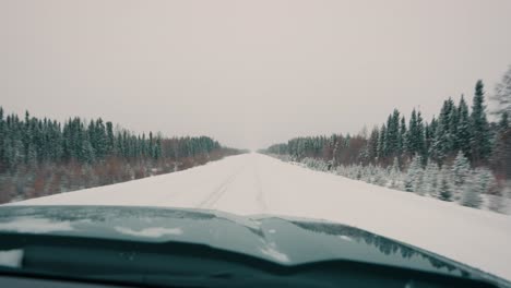camión pov conduciendo rápido por una carretera de invierno cubierta de nieve con árboles a ambos lados