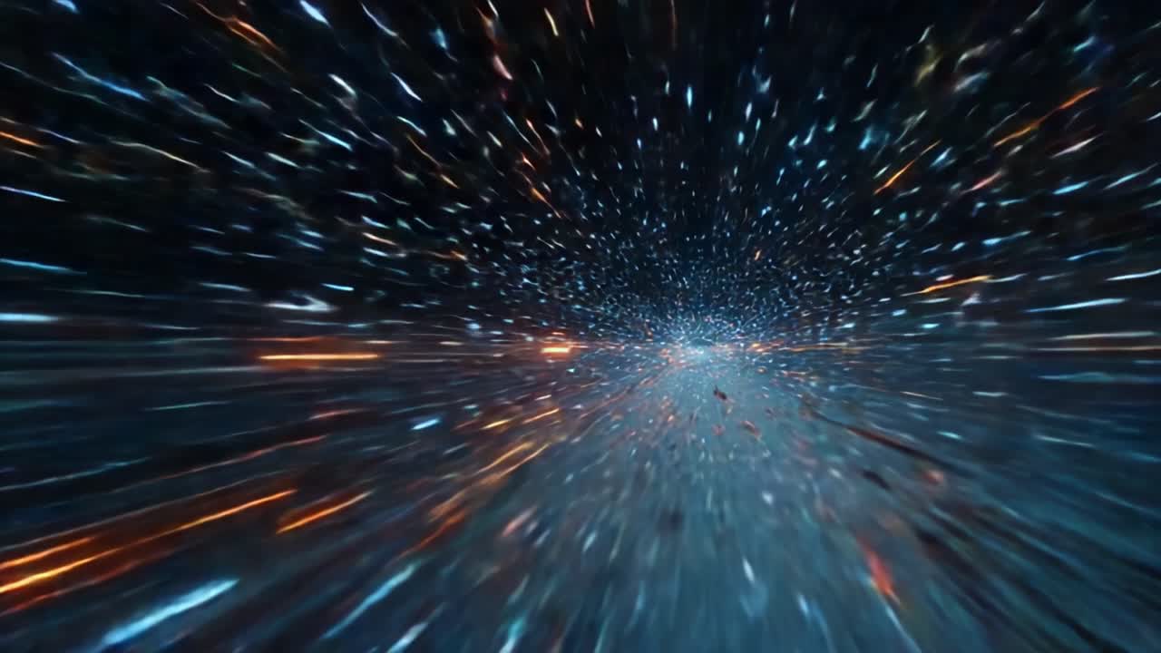 Viaggio Dinamico Nello Spazio: Un'esperienza immersiva di scie luminose colorate ed energia cosmica in un vasto universo di stelle e galassie.