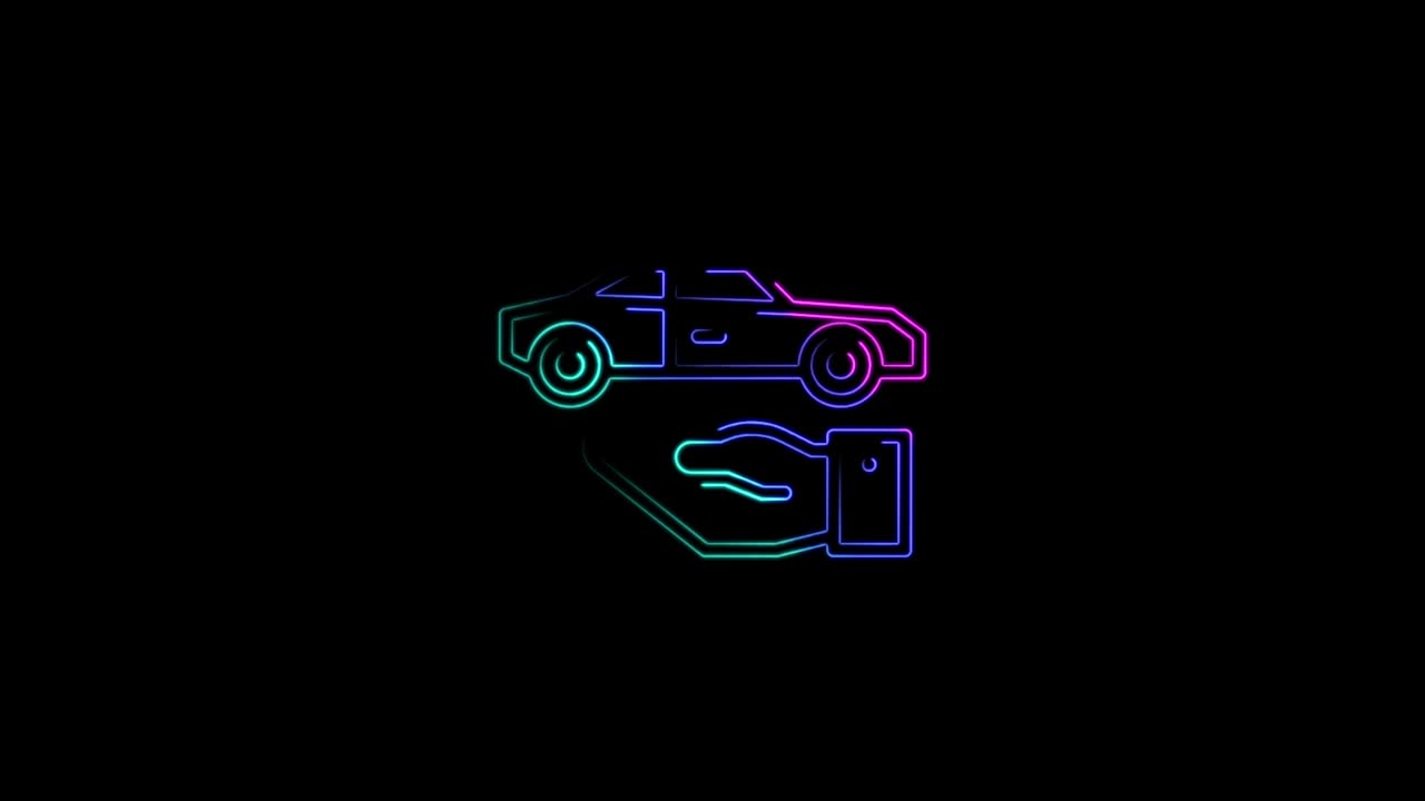 손과 자동차 아이콘 4k 네온 라인의 추상적인 원활한 애니메이션 다채로운 네온 라인 4k 비디오의 아름다운 애니메이션
