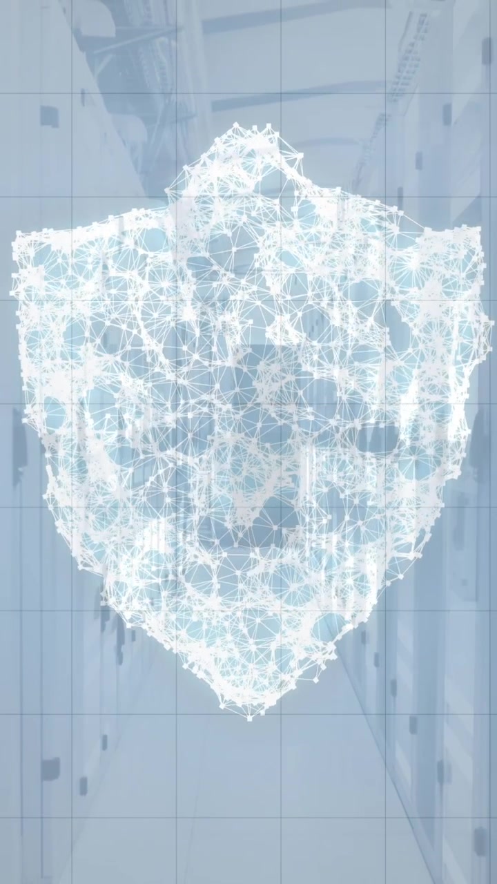 Animation of network of connections forming a security shield icon against computer server room
