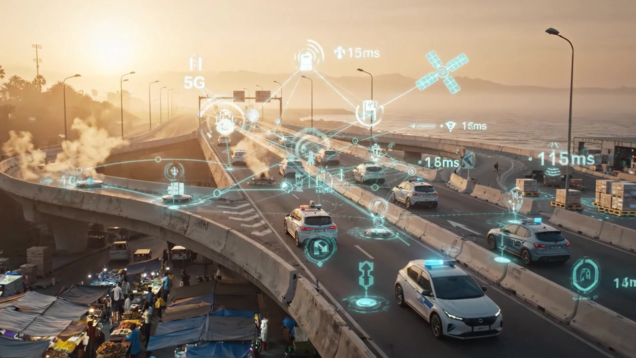 Mercato urbano innovativo: una visione futuristica di un'autostrada sopraelevata con vivaci venditori ambulanti e connettività 5G avanzata che migliora la mobilità urbana e il commercio.