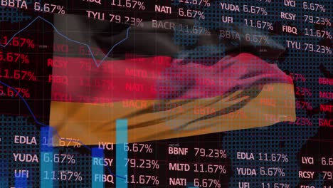 animation of data processing and graphs over flag of germany on black background