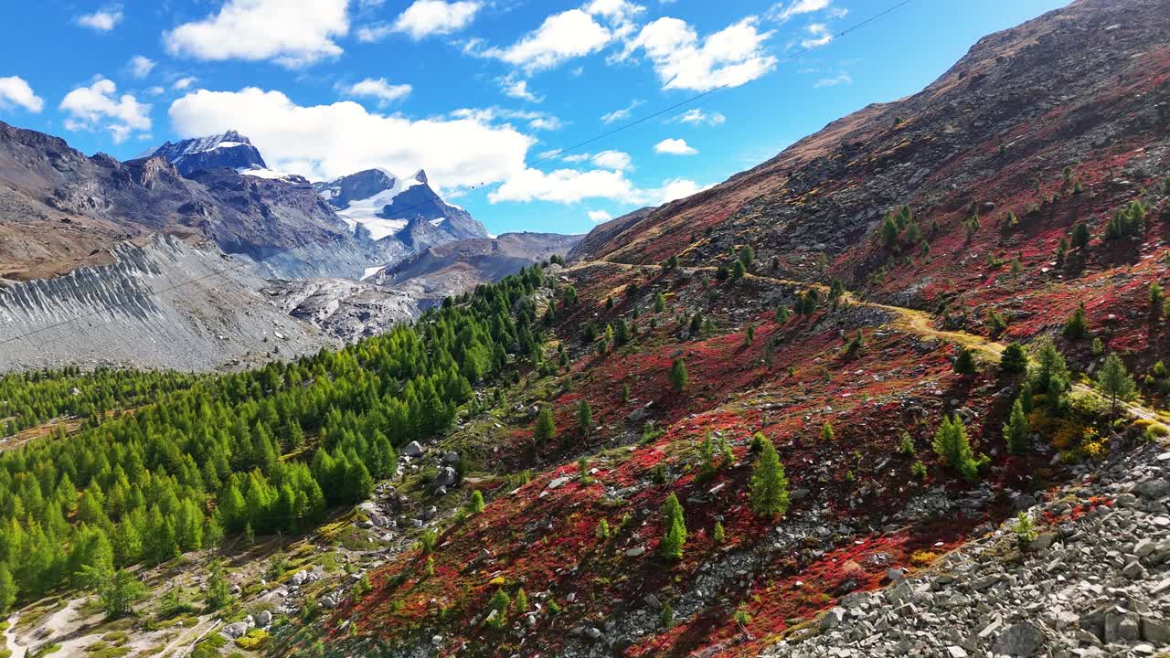 Matterhorn Glacier Trail above Zermatt, Switzerland, showing a serpentine hiking path bordered by red alpine foliage, larch trees, and rocky slopes, with ice-capped alpine summits , drone shot