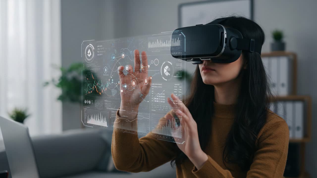 Exploring the Future: A Woman Engages with Virtual Reality Technology, Using Interactive Digital Interfaces and Immersive Data Visualizations at Home